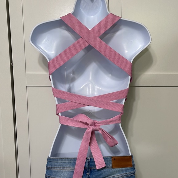 Love Tree Pink Ribbed Square Neck Tie Back Crop Tank Top Size S NWT - Picture 4 of 8